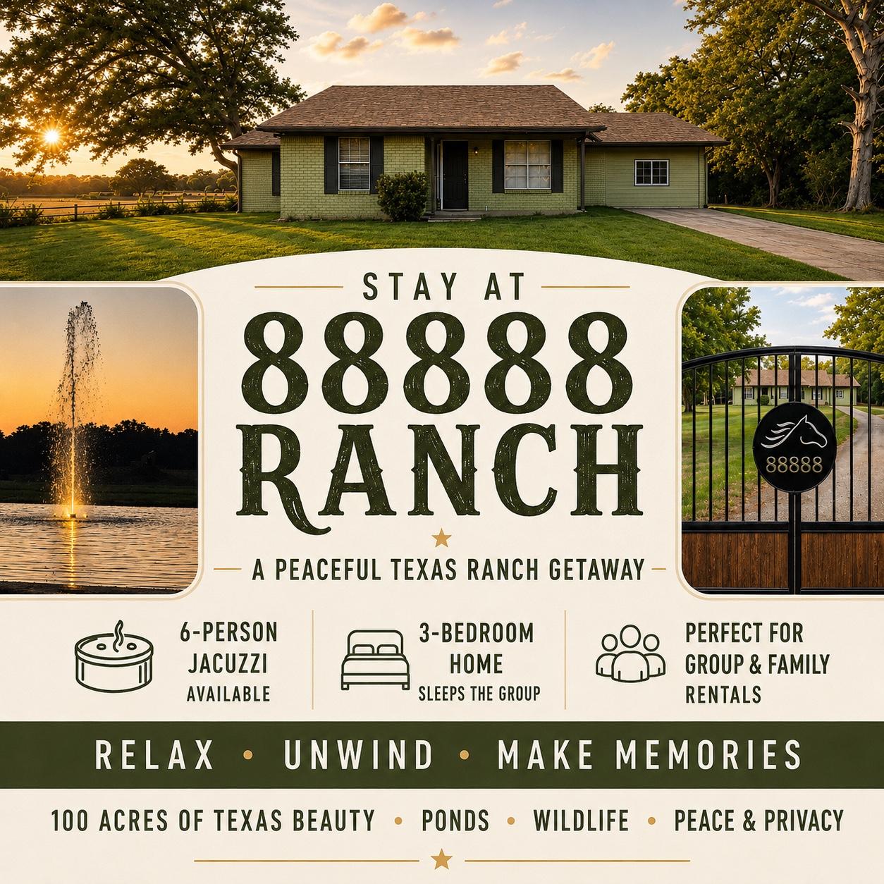 Stay at 88888 Ranch — a peaceful Texas ranch getaway. 6-person jacuzzi, 3-bedroom home, perfect for group and family rentals.